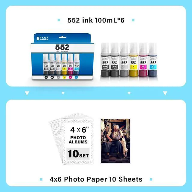 Alt view image 2 of 7 - Ennovor 552 Ink Refill Bottles 6 Pack 600ML with Photo Paper (NotSublimation Ink) Compatible for Epson Ecotank Photo ET-8550 ET-8500 ET8550 ET8500 Printer, T552 552 Pigment Ink (BK PBK CMY GY)