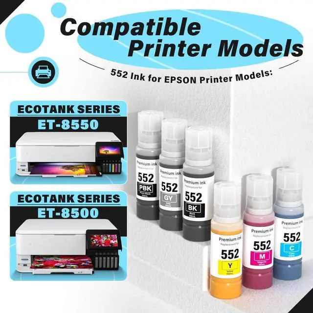 Alt view image 3 of 7 - Ennovor 552 Ink Refill Bottles 6 Pack 600ML with Photo Paper (NotSublimation Ink) Compatible for Epson Ecotank Photo ET-8550 ET-8500 ET8550 ET8500 Printer, T552 552 Pigment Ink (BK PBK CMY GY)