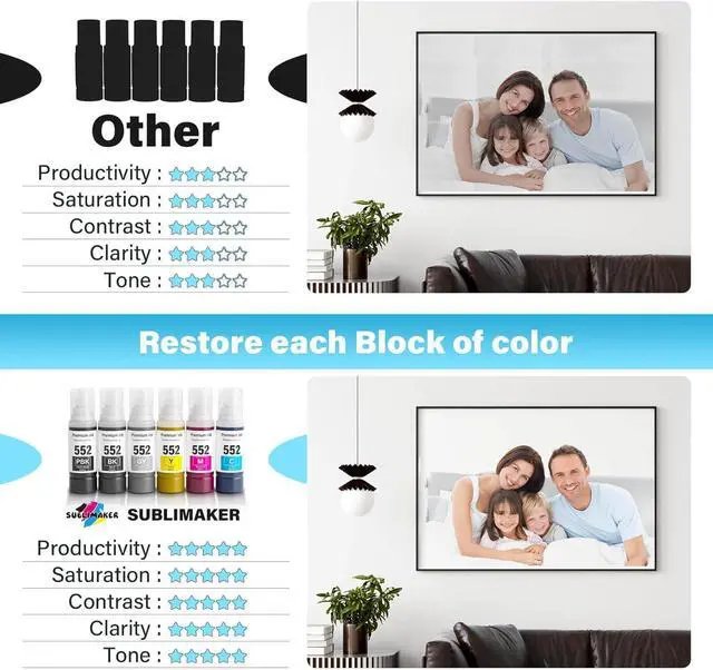 Alt view image 7 of 7 - Ennovor 552 Ink Refill Bottles 6 Pack 600ML with Photo Paper (NotSublimation Ink) Compatible for Epson Ecotank Photo ET-8550 ET-8500 ET8550 ET8500 Printer, T552 552 Pigment Ink (BK PBK CMY GY)