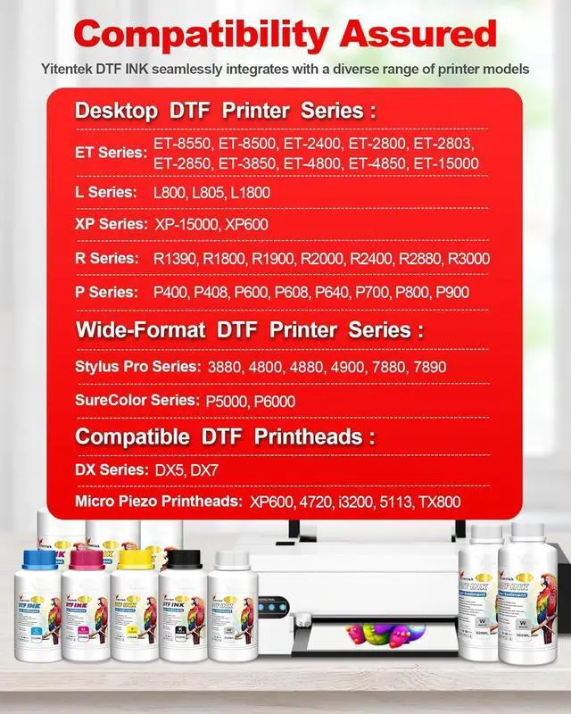 Alt view image 3 of 7 - Ennovor Low-Sediment DTF Ink 1500ML DTF Transfer Ink for PET Film Pigment Ink Refill for P600 P800 DX5 XP600 4720 i3200 i1600 5113. High Fluidity, Whiteness & Coverage, (250ml x 6, 2Wh+CMYK)