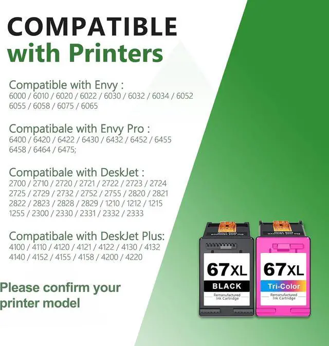 Alt view image 2 of 7 - Ennovor 67XL Ink Cartridges Black Color Combo Pack Replacement for HP Ink 67XL for DeskJet 2700e 2700 2855e 2755e 2755 4155e 4255e Envy 6000 6055e 6400 Printer, 2 Pack