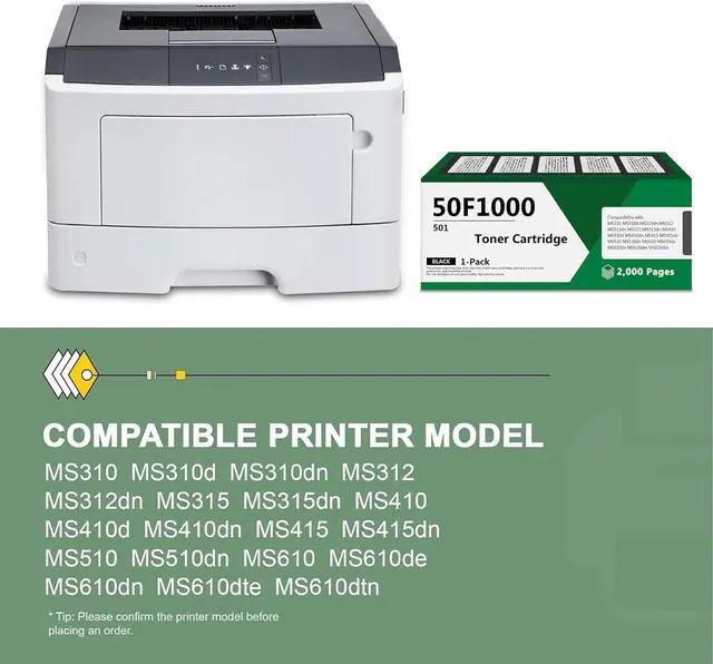 Alt view image 2 of 7 - Ennovor 50F1000 Black Toner Cartridge - Lvan Compatible 501 50F1000 Toner Cartridge Replacement for Lexmark MS310dn MS312 MS410dn MS510dn MS610dn MS312dn MS315dn MS415dn Printer