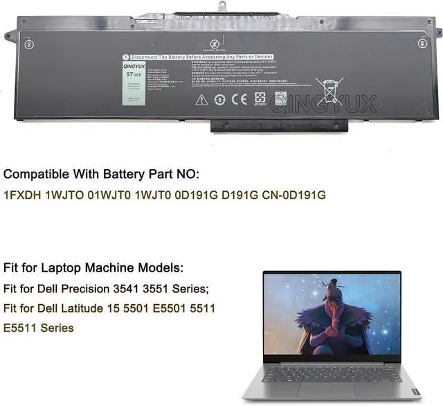 Alt view image 5 of 7 - 1FXDH 1WJTO 01WJT0 1WJT0 0D191G D191G CN-0D191G IFXDH Laptop Battery Compatible with Dell Precision 3541 3551 Latitude 15 5501 5511 E5501 E5511 Series Notebook