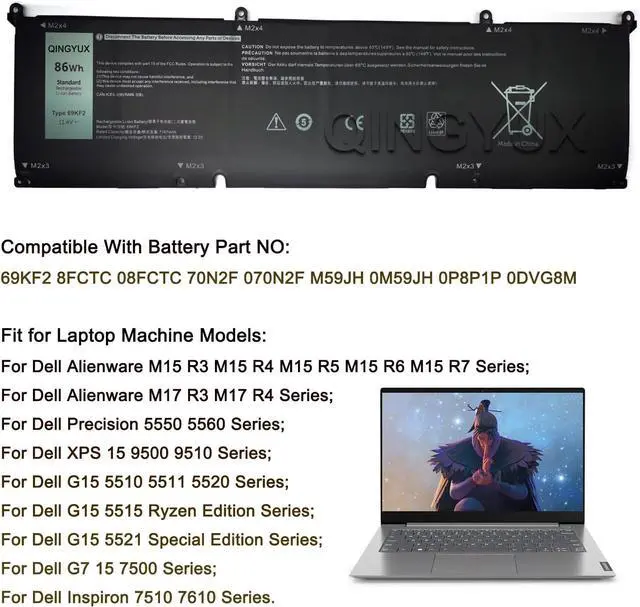 Alt view image 5 of 7 - 69KF2 8FCTC 08FCTC 70N2F 070N2F M59JH 0M59JH 0P8P1P 0DVG8M Laptop Battery Compatible with Dell Alienware M15 R3 M15 R4 M15 R5 M15 R6 M15 R7 XPS 15 9500 Series Notebook