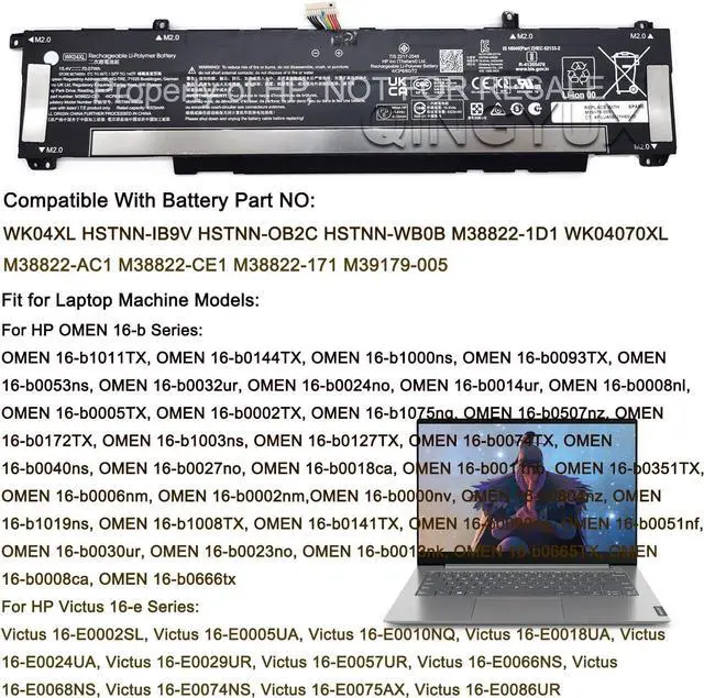 Alt view image 5 of 7 - New WK04XL HSTNN-IB9V HSTNN-OB2C HSTNN-WB0B Laptop Battery Compatible with HP OMEN 16-b Victus 16-e OMEN 16-c Victus 16-d Victus 15-f Series Laptop Notebook 15.4V 70.07Wh
