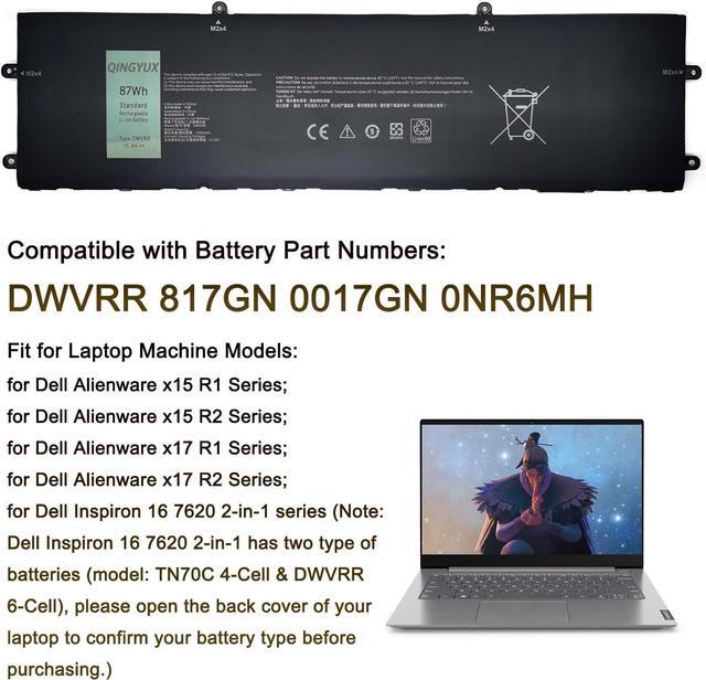 Alt view image 5 of 7 - DWVRR 817GN 0817GN NR6MH 0NR6MH 0017GN Laptop Battery Compatible with DELL Alienware X15 R1 R2 X17 R1 R2 Inspiron 16 7620 2-in-1 Alienware X15 R1 NAWX15R101 X17 RTX 3080 P48E Series Notebook