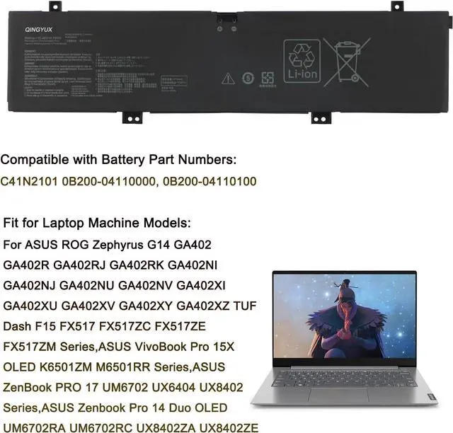 Alt view image 5 of 6 - New C41N2101 Laptop Battery Compatible with ASUS VivoBook Pro 15X OLED K6501ZM M6501RR ZenBook PRO 17 UM6702 UX6404 UX8402 G14 GA402 GA402R GA402RJ GA402NI GA402NJ Series Notebook
