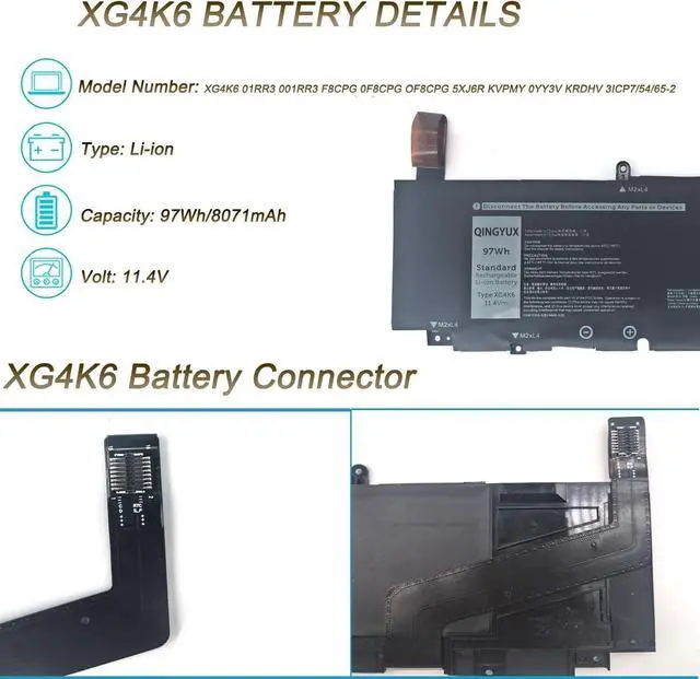 Alt view image 2 of 7 - New XG4K6 Laptop Battery Compatible with Dell Precision 5750 5760 5770 XPS 17 9700 9710 9720 9730 P92F P92F001 P92F002 P92F003 Series Notebook 11.4V 97Wh