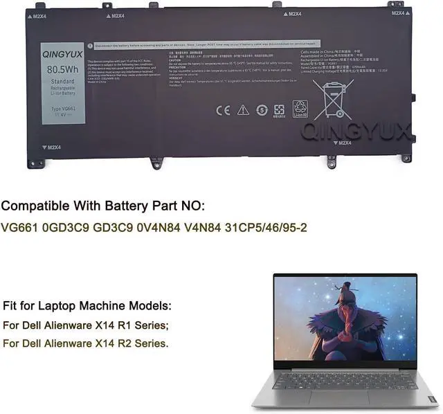Alt view image 5 of 7 - New VG661 GD3C9 0GD3C9 V4N84 0V4N84 31CP5/46/95-2 Laptop Battery Compatible with DELL Alienware X14 R1 Alienware X14 R2 Series Notebook
