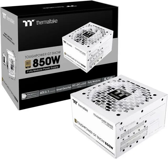Alt view image 2 of 6 - Thermaltake Toughpower GT 850W Snow ATX 3.1 Power Supply; 80 Plus Gold Efficiency; Smart Zero Fan; Native 600W PCIe 5.1 Connector; PS-TPT-0850FNFAGU-W; 5 Year Warranty