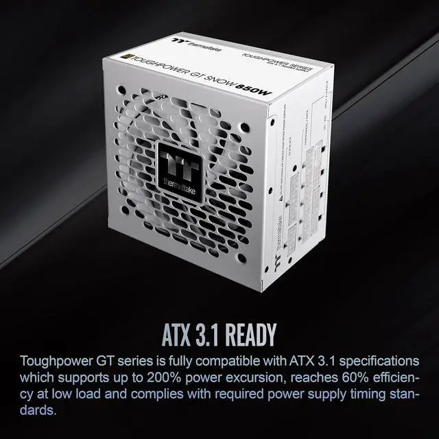 Alt view image 3 of 6 - Thermaltake Toughpower GT 850W Snow ATX 3.1 Power Supply; 80 Plus Gold Efficiency; Smart Zero Fan; Native 600W PCIe 5.1 Connector; PS-TPT-0850FNFAGU-W; 5 Year Warranty