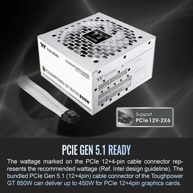 Alt view image 4 of 6 - Thermaltake Toughpower GT 850W Snow ATX 3.1 Power Supply; 80 Plus Gold Efficiency; Smart Zero Fan; Native 600W PCIe 5.1 Connector; PS-TPT-0850FNFAGU-W; 5 Year Warranty