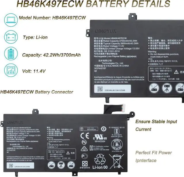 Alt view image 2 of 6 - New HB46K497ECW Laptop Battery Compatible with Huawei MateBook D 53010BAJ Matebook D I5 128G Matebook D I5 1TB Matebook D I5 8G MRC-W50 MRC-W60 MRC-W70 PI-W19 Series Notebook