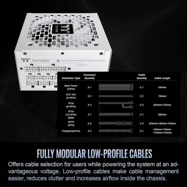 Alt view image 5 of 6 - Thermaltake Toughpower GT 850W Snow ATX 3.1 Power Supply; 80 Plus Gold Efficiency; Smart Zero Fan; Native 600W PCIe 5.1 Connector; PS-TPT-0850FNFAGU-W; 5 Year Warranty