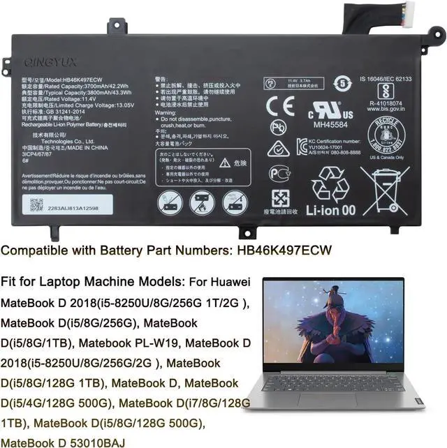 Alt view image 5 of 6 - New HB46K497ECW Laptop Battery Compatible with Huawei MateBook D 53010BAJ Matebook D I5 128G Matebook D I5 1TB Matebook D I5 8G MRC-W50 MRC-W60 MRC-W70 PI-W19 Series Notebook