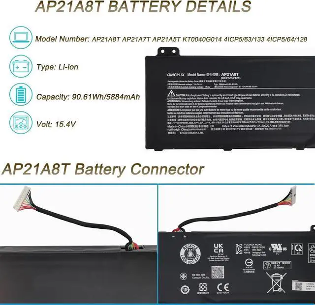 Alt view image 2 of 6 - AP21A8T AP21A7T Laptop Battery Compatible with Acer Predator Helios 300 PH317-56-78LY PH315-55-72EA PH315-55-770K PH315-55-965Z PH317-56-78SM PH315-55-78L7 Nitro 5 AN517-55-50NF Series