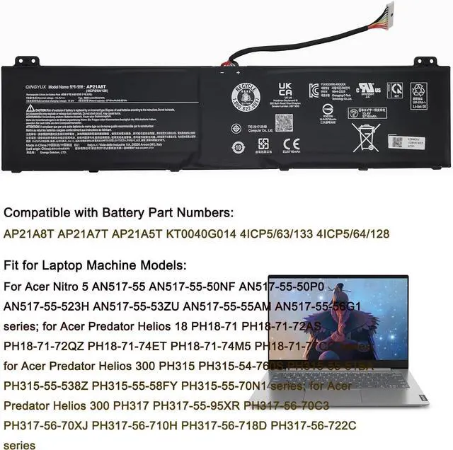 Alt view image 5 of 6 - AP21A8T AP21A7T Laptop Battery Compatible with Acer Predator Helios 300 PH317-56-78LY PH315-55-72EA PH315-55-770K PH315-55-965Z PH317-56-78SM PH315-55-78L7 Nitro 5 AN517-55-50NF Series