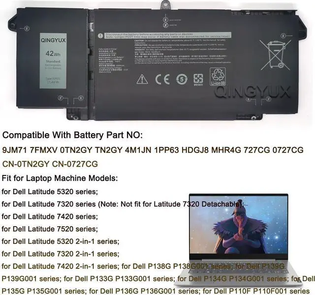 Alt view image 5 of 6 - New 9JM71 7FMXV TN2GY 4M1JN 1PP63 HDGJ8 MHR4G Laptop Battery Compatible with Dell Latitude 5320 2-in-1/7320 2-in-1/7420 2-in-1 Latitude 5320 7320 7420 7520 Series Notebook
