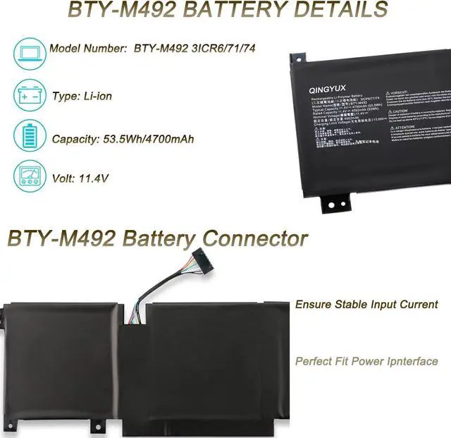 Alt view image 2 of 6 - New BTY-M492 3ICR6/71/74 Laptop Battery Compatible with MSI Sword 15 A11U/A11UD/A11UE WF66 WF76 11UI 11UJ Katana GF66 11UD 12UG 12UX GF76 11UE 12UD Crosshair 15 17 A11UCK Series Notebook