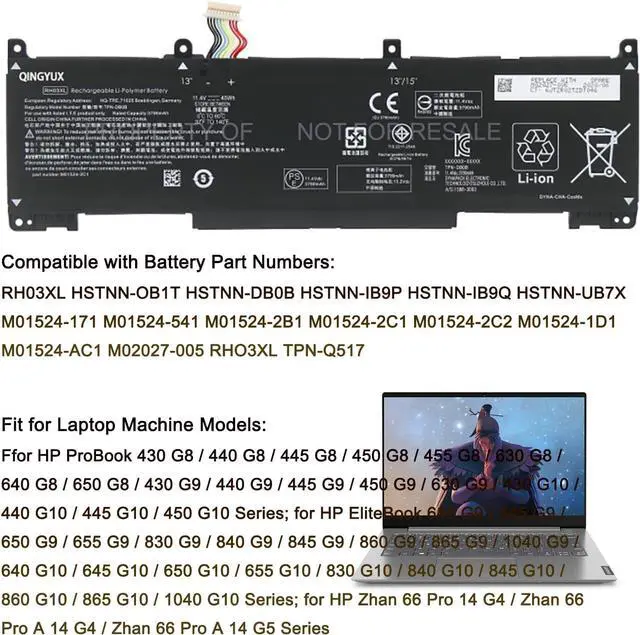 Alt view image 5 of 6 - RH03XL HSTNN-OB1T HSTNN-DB0B HSTNN-IB9P HSTNN-IB9Q Laptop Battery Compatible with HP ProBook 430 440 445 450 455 630 640 650 G8 ProBook 440 450 G10 EliteBook 640 645 655 G10 Series Notebook