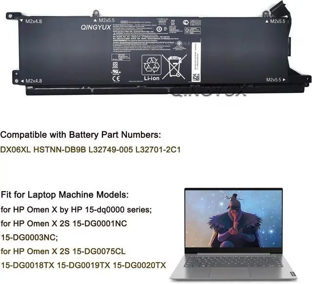 Alt view image 5 of 7 - DX06XL HSTNN-DB9B L32749-005 L32701-2C1 Laptop Battery Compatible with HP Omen X 2S 15-DG0001NC 15-DG0003NC 15-DG0075CL 15-DG0018TX 15-DG0019TX 15-DG0020TX Series Laptop
