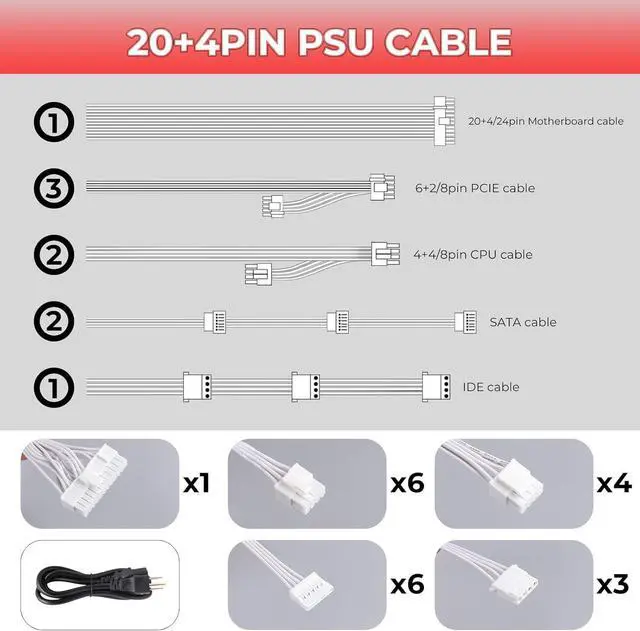 Alt view image 5 of 7 - Power Supply 650W Standard ATX PC PSU 80 Plus Gold Non Modular Full Voltage 110-240V Active PFC with 20+4Pin Motherboard Power Cable for Desktop Gaming Server White