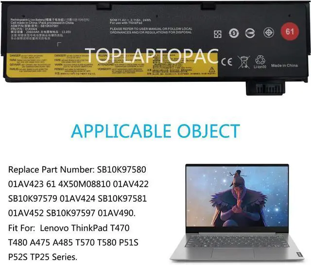 Alt view image 6 of 7 - 01AV423 01AV424 01AV422 SB10K97579 SB10K97581 11.4V 24Wh 2080mAh Laptop Battery Compatible with Lenovo ThinkPad T470 T570 A475 A485 T480 T580 P51S P52S TP25 61 Series Notebook