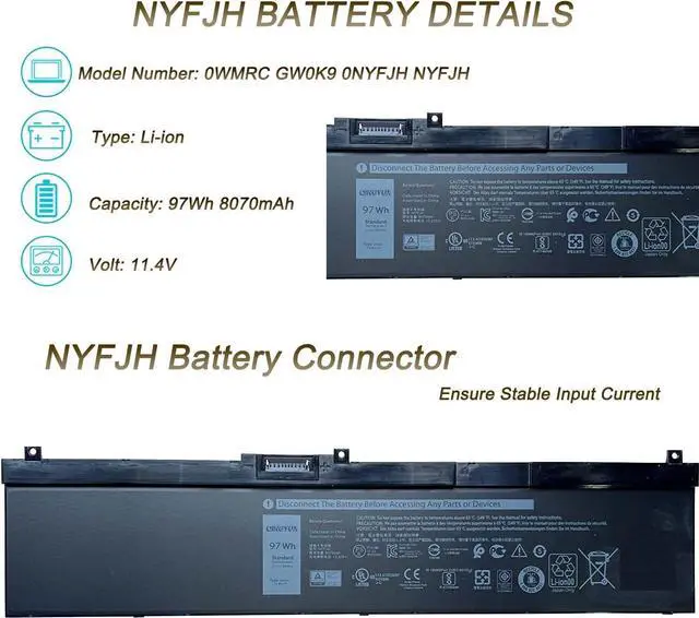 Alt view image 2 of 7 - NYFJH 11.4V 97Wh Laptop Battery Compatible with Dell Precision 7530 7730 7540 7740 Series Notebook P34E P34E001 P34E002 P74F P74F001 P74F002 GW0K9 5TF10 0WMRC 0NYFJH Battery