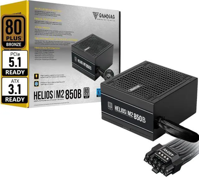 Main image of GAMDIAS 850W Bronze PSU, 850W Gaming Power Supply ATX 3.1 & PCIe 5.1 Ready, 80+ Bronze ATX Gold 12V Power Supplies for Gaming PC Desktop Computers and Active PFC, PSU-GD-Helios M2-850B