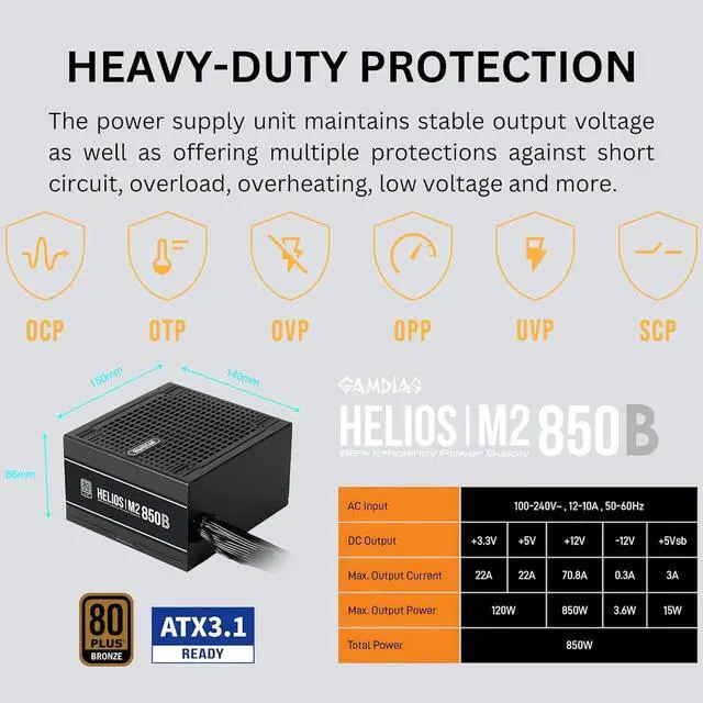 Alt view image 7 of 7 - GAMDIAS 850W Bronze PSU, 850W Gaming Power Supply ATX 3.1 & PCIe 5.1 Ready, 80+ Bronze ATX Gold 12V Power Supplies for Gaming PC Desktop Computers and Active PFC, PSU-GD-Helios M2-850B