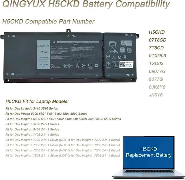 Alt view image 5 of 7 - H5CKD 07T8CD 0TXD03 09077G JK6Y6 Lapotp Battery Compatible with Dell Latitude 3410 3510 Vostro 5300 5401 5501 Inspiron 5300 5401 5408 5501 5508 5400 7405 7300 7500 2-in-1 Series