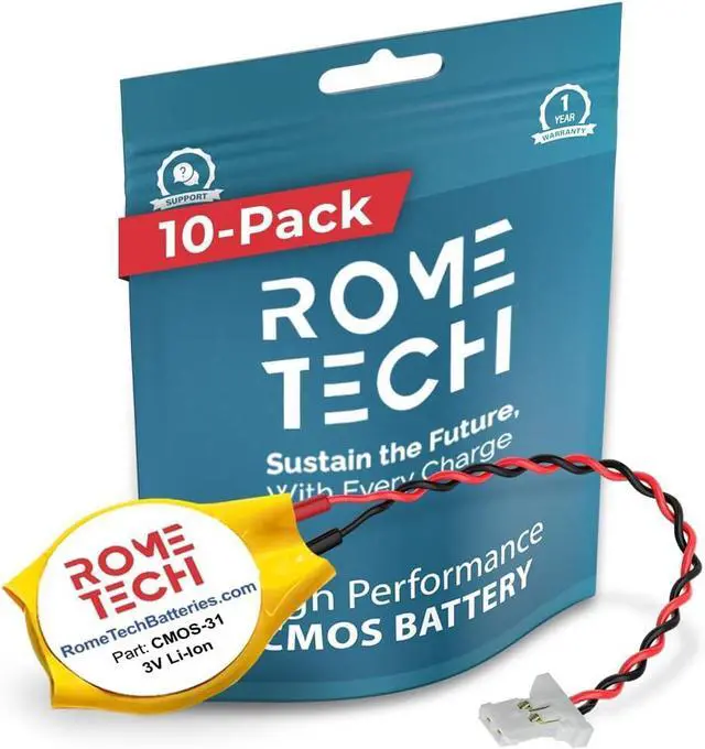 Main image of Rome Tech CR2032 CMOS Battery for Acer Spin 5 SP515-51N 15.6 - Laptop Backup BIOS RTC 3V CR 2032 Battery with 2 Wire Medium Cable Slim Connector (10-Pack)