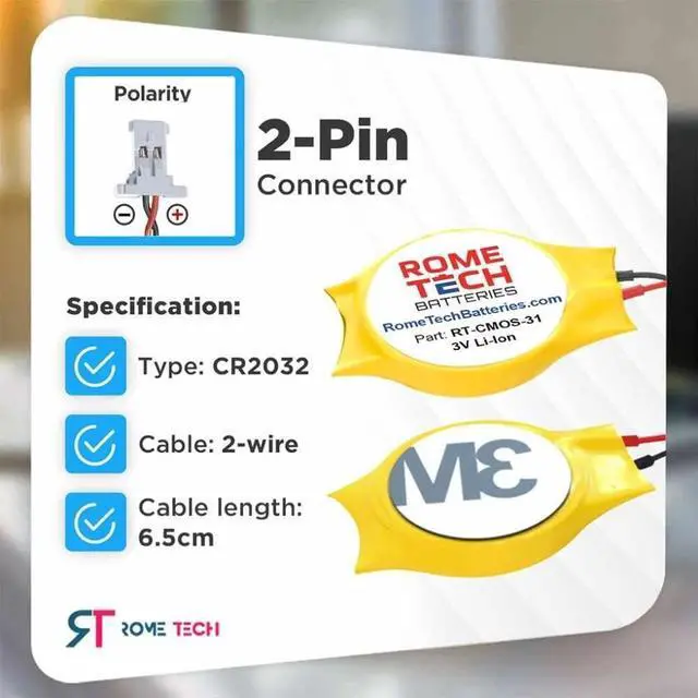 Alt view image 3 of 6 - Rome Tech CR2032 CMOS Battery for Acer Spin 5 SP515-51N 15.6 - Laptop Backup BIOS RTC 3V CR 2032 Battery with 2 Wire Medium Cable Slim Connector (10-Pack)