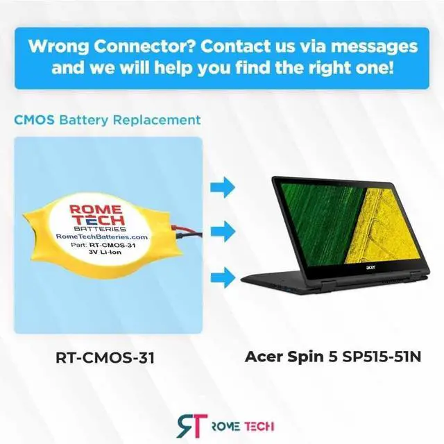 Alt view image 2 of 6 - Rome Tech CR2032 CMOS Battery for Acer Spin 5 SP515-51N 15.6 - Laptop Backup BIOS RTC 3V CR 2032 Battery with 2 Wire Medium Cable Slim Connector (10-Pack)