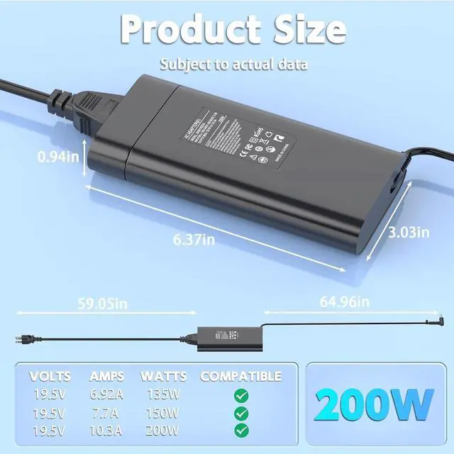Alt view image 7 of 7 - 200W Laptop Charger Compatible with HP Victus 16.1 16 15.6 15 inch Gaming Laptop 16-d, 16-e, 16-r, 16-s, 16-t, 16-z, 15-FA, 15-fb; TPN-CA03, TPN-DA10, ADP-200HB B AC Adapter Power Cord