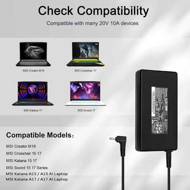 Alt view image 2 of 7 - 200W Katana A17 A15 Charger for msi Katana A17 A15 15 17 / Katana A17 AI A15 AI RTX 4070 4050 4060 Laptops Power Supply a21-200p2b adp-200jb f
