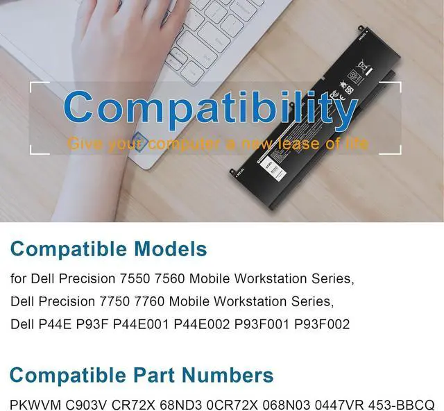 Alt view image 3 of 7 - Futurebatt PKWVM Laptop Battery Replacement for Dell Precision 7550 7560 7750 7760 Mobile Workstation P44E P93F P44E001 P44E002 P93F001 P93F002 C903V CR72X 0CR72X 0447VR 068N03 17C06 453-BBCQ