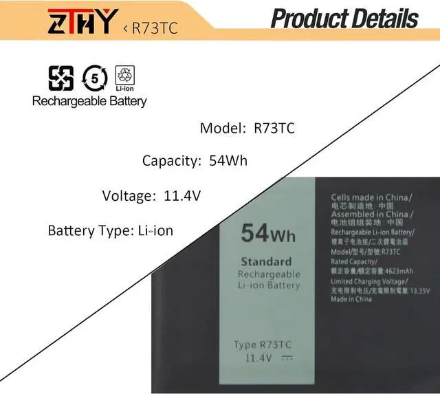 Alt view image 3 of 7 - R73TC DR02P Battery Replacement for Dell Latitude 3340 5340 5350 5440 5540 7455 Latitude 5340 2-in-1 5350 2-in-1 Precision 3480 3580 3490 3590 inspiron 14 Plus 7441 P170G P37G GRWKG JTG7N 54Wh 3-Cell