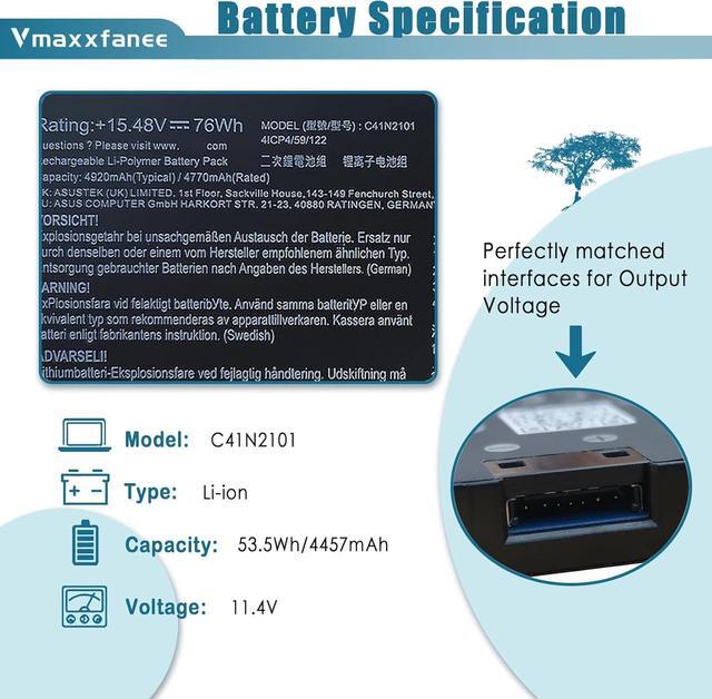 Alt view image 2 of 7 - C41N2101 Laptop Battery Replacement for Asus ROG Zephyrus G14 GA402 GA402R GA402RJ TUF Dash F15 FX517 Zenbook Pro 14 UM6702RA Duo VivoBook Pro 15X OLED K6501ZM Series 0B200-04110100