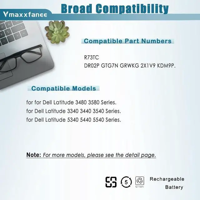 Alt view image 5 of 7 - 54Wh R73TC Laptop Battery Replacement for Dell Latitude 3580 3340 3440 3480 3540 5340 5540 5440 Series Notebook DR02P 2X1V9 GTG7N GRWKG KDM9P 11.4V 4623mAh