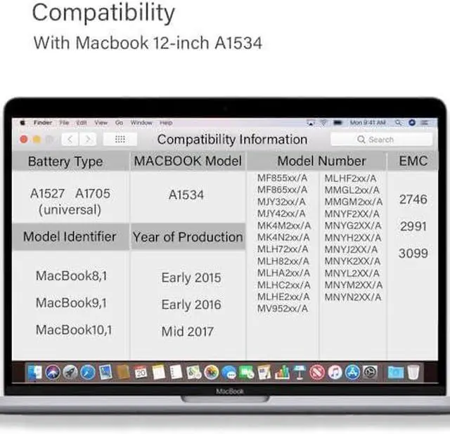 Alt view image 3 of 5 - A1534 A1705 Battery, A1527 A1705 Replacement Battery Compatible with MacBook 12 inch Retina Laptop A1534 A1705(Early 2015, Early 2016, Mid 2017) 5300mAh/40Wh,fits EMC 2746 2991 3099