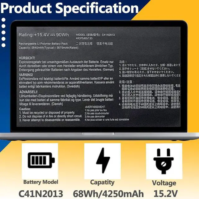Alt view image 2 of 7 - C41N2013 C41N2013-1 90Wh Battery Replacement for Asus Rog Zephyrus M16 GU603HR S17 GX703HSD G15 GA503QS Strix Scar 17 G733ZW 15 G513QY Rog Strix G17 RTX 3070 G713 G15 Series 15.4V 5845