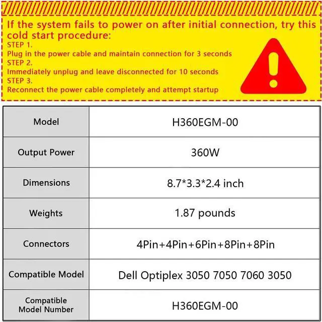 Alt view image 2 of 7 - H360EGM-00 360W Power Supply Compatible with Dell Optiplex 3050 7050 7060 3050MT 7050MT 7060MT Vostro 3668 3669 SFF 8HKG7 0VM8KR VM8KR L360EGM-00 D360E001L