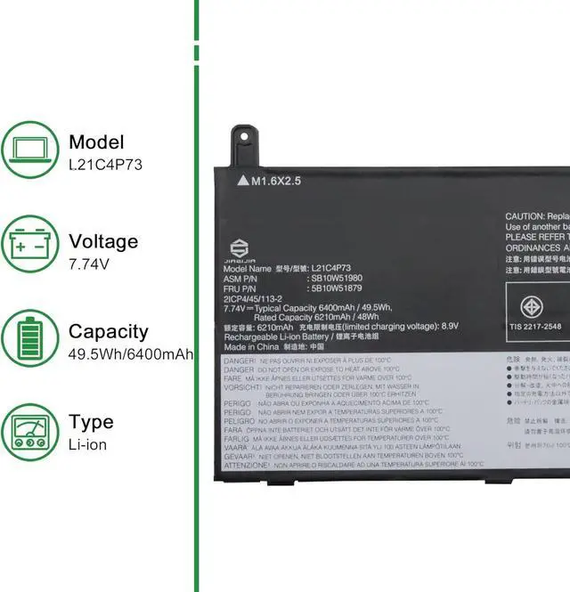 Alt view image 2 of 5 - L21C4P73 Laptop Battery Replacement for Lenovo ThinkPad X13s Gen 1 2022 Series SB10W51980 5B10W51879 L21M4P76 SB10W51979 5B10W51878 L21D4P75 SB10W51981 5B10W51880 Black 7.74V 49.5Wh 6400mAh