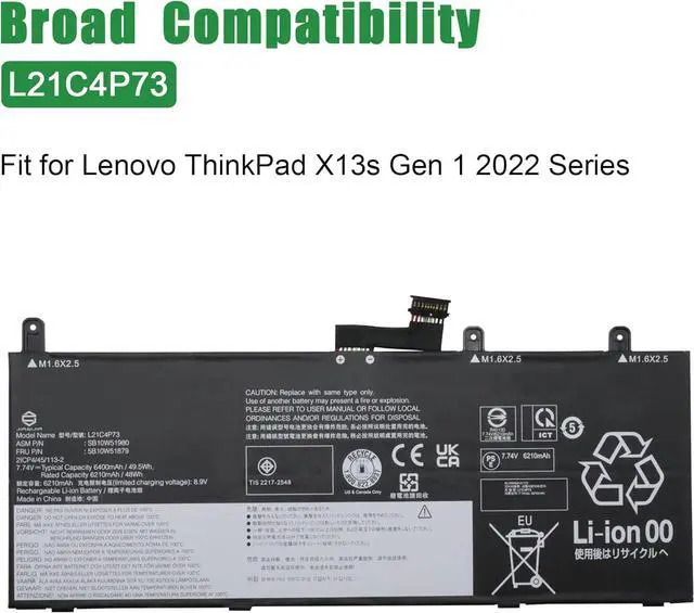 Alt view image 4 of 5 - L21C4P73 Laptop Battery Replacement for Lenovo ThinkPad X13s Gen 1 2022 Series SB10W51980 5B10W51879 L21M4P76 SB10W51979 5B10W51878 L21D4P75 SB10W51981 5B10W51880 Black 7.74V 49.5Wh 6400mAh