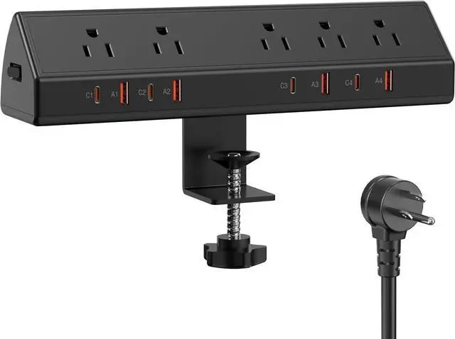 Main image of Desk Clamp Power Strip 65W Fast Charging Station,4 PD USB-C,5 Outlets,Nightstand Desk Edge Mount Tower Surge Protector,15 Amp Heavy Duty Power Strip,Fits 1.96" Tabletop Edge (Black, 6 FT Cable)