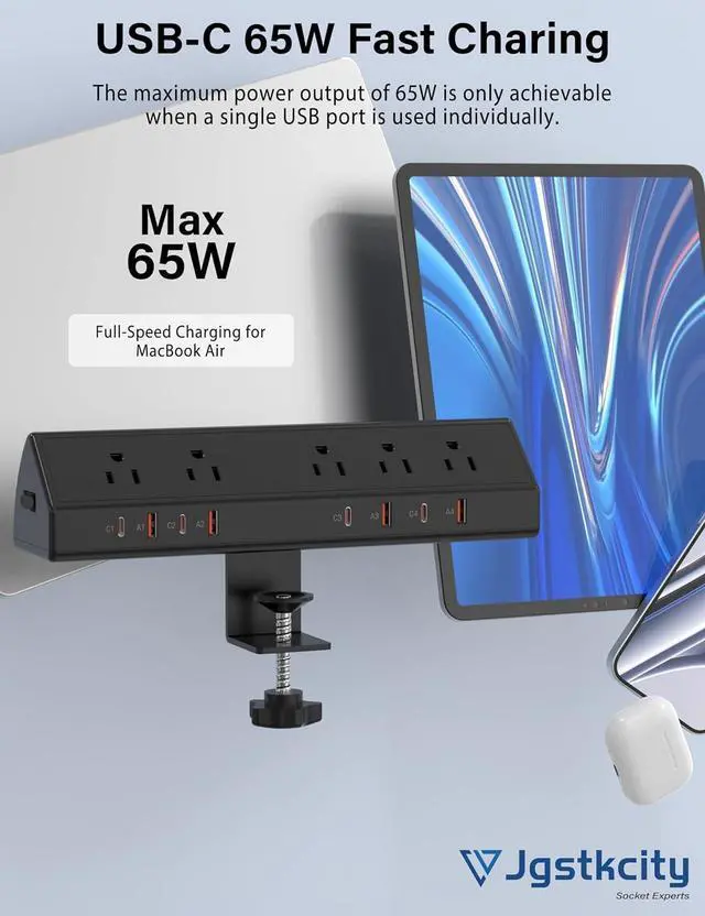 Alt view image 2 of 7 - Desk Clamp Power Strip 65W Fast Charging Station,4 PD USB-C,5 Outlets,Nightstand Desk Edge Mount Tower Surge Protector,15 Amp Heavy Duty Power Strip,Fits 1.96" Tabletop Edge (Black, 6 FT Cable)