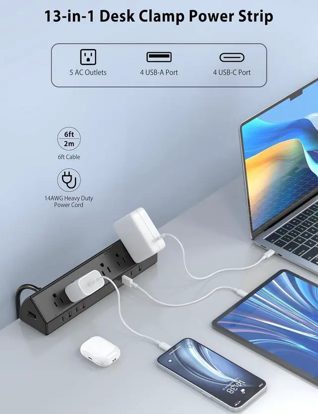 Alt view image 4 of 7 - Desk Clamp Power Strip 65W Fast Charging Station,4 PD USB-C,5 Outlets,Nightstand Desk Edge Mount Tower Surge Protector,15 Amp Heavy Duty Power Strip,Fits 1.96" Tabletop Edge (Black, 6 FT Cable)
