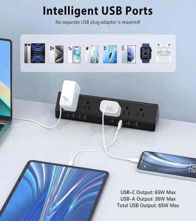 Alt view image 5 of 7 - Desk Clamp Power Strip 65W Fast Charging Station,4 PD USB-C,5 Outlets,Nightstand Desk Edge Mount Tower Surge Protector,15 Amp Heavy Duty Power Strip,Fits 1.96" Tabletop Edge (Black, 6 FT Cable)