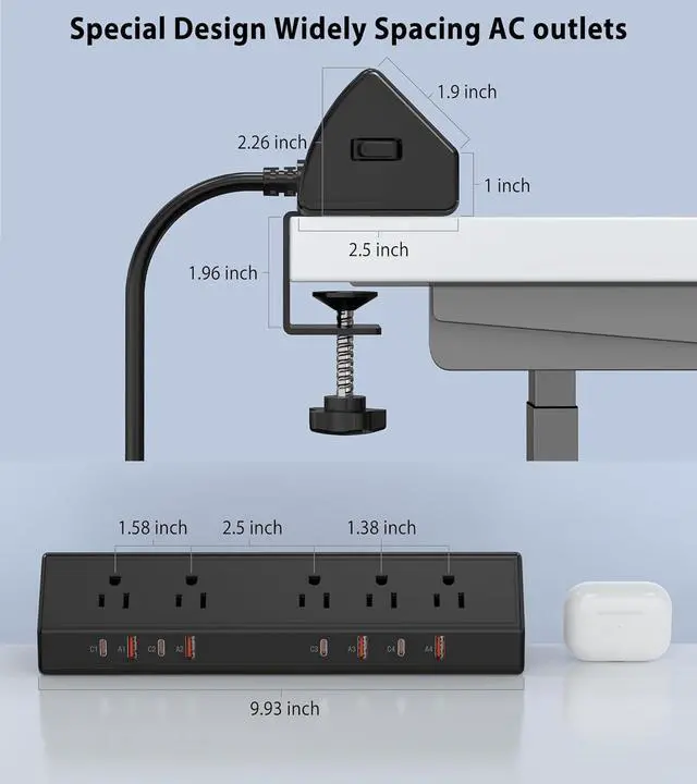 Alt view image 6 of 7 - Desk Clamp Power Strip 65W Fast Charging Station,4 PD USB-C,5 Outlets,Nightstand Desk Edge Mount Tower Surge Protector,15 Amp Heavy Duty Power Strip,Fits 1.96" Tabletop Edge (Black, 6 FT Cable)